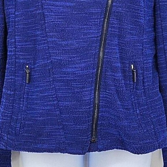 H by Halston Womens Tweed Jacket Size 6 Blue Zippers Asymmetrical Stretchy‎ - Picture 3 of 8